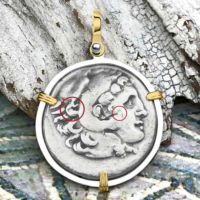 Ancient Greek Alexander the Great LARGE Silver Tetradrachm Coin 14K Gold and Sterling Silver Pendant