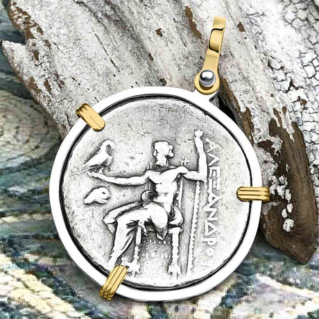 Ancient Greek Alexander the Great LARGE Silver Tetradrachm Coin 14K Gold and Sterling Silver Pendant