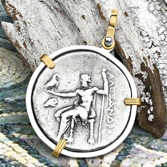 Ancient Greek Alexander the Great LARGE Silver Tetradrachm Coin 14K Gold and Sterling Silver Pendant