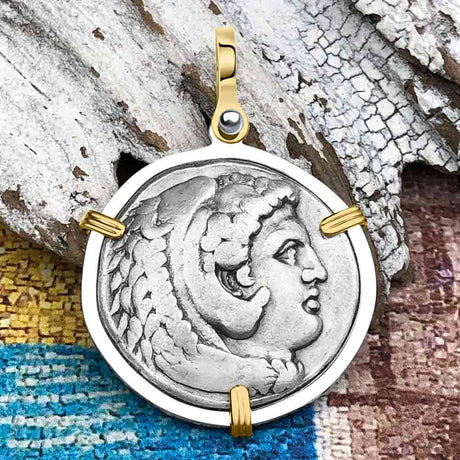 Ancient Greek Alexander the Great LARGE Silver Tetradrachm Coin 14K Gold and Sterling Silver Pendant