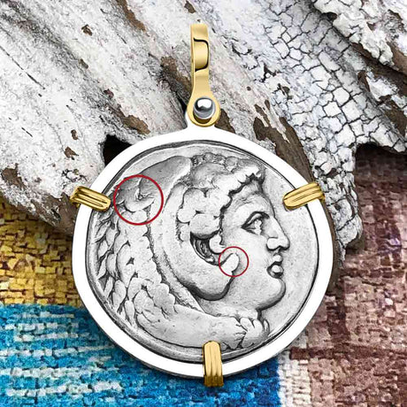 Ancient Greek Alexander the Great LARGE Silver Tetradrachm Coin 14K Gold and Sterling Silver Pendant