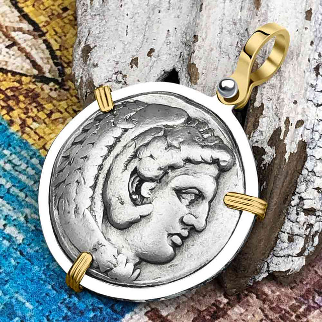 Ancient Greek Alexander the Great LARGE Silver Tetradrachm Coin 14K Gold and Sterling Silver Pendant