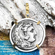 Ancient Greek Alexander the Great LARGE Silver Tetradrachm Coin 14K Gold and Sterling Silver Pendant
