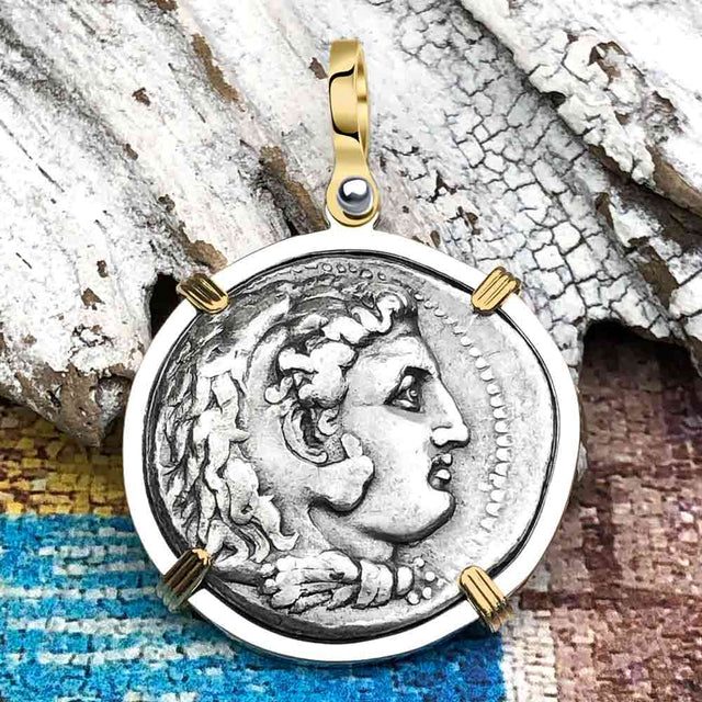 Ancient Greek Alexander the Great LARGE Silver Tetradrachm Coin 14K Gold and Sterling Silver Pendant