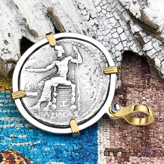 Ancient Greek Alexander the Great LARGE Silver Tetradrachm Coin 14K Gold and Sterling Silver Pendant