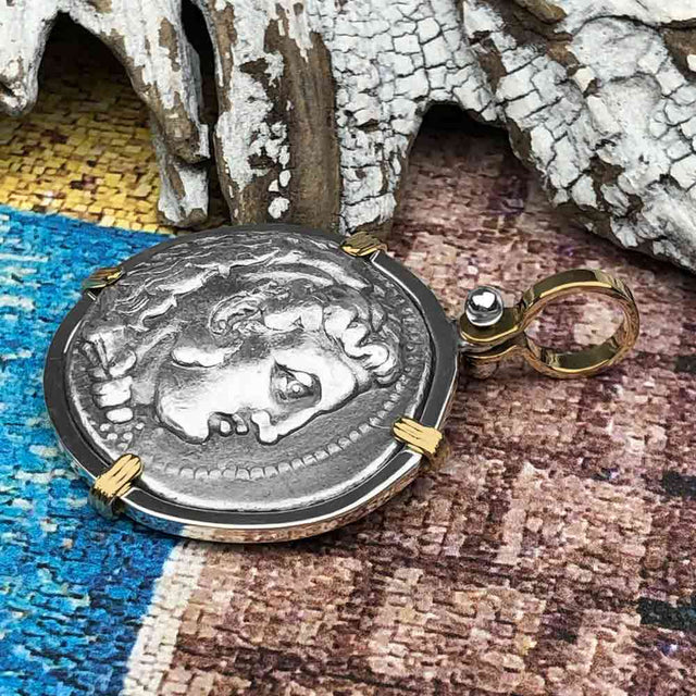 Ancient Greek Alexander the Great LARGE Silver Tetradrachm Coin 14K Gold and Sterling Silver Pendant