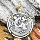 Ancient Greek Alexander the Great LARGE Silver Tetradrachm Coin 14K Gold and Sterling Silver Pendant