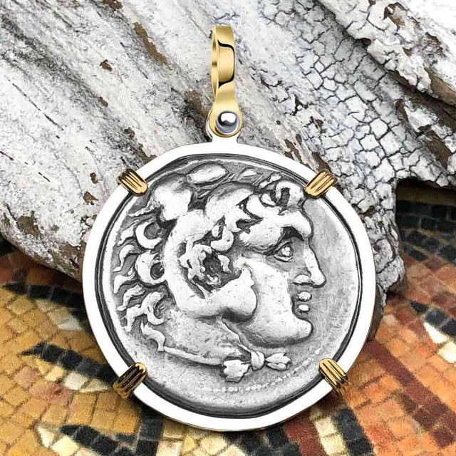 Ancient Greek Alexander the Great LARGE Silver Tetradrachm Coin 14K Gold and Sterling Silver Pendant