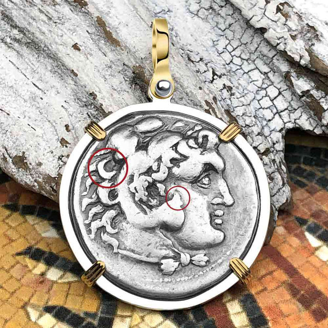 Ancient Greek Alexander the Great LARGE Silver Tetradrachm Coin 14K Gold and Sterling Silver Pendant