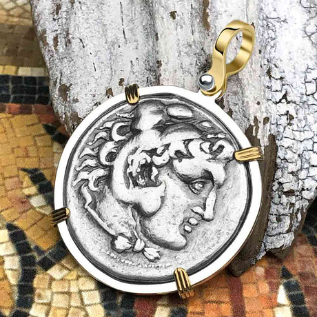 Ancient Greek Alexander the Great LARGE Silver Tetradrachm Coin 14K Gold and Sterling Silver Pendant