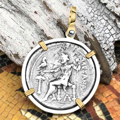 Ancient Greek Alexander the Great LARGE Silver Tetradrachm Coin 14K Gold and Sterling Silver Pendant