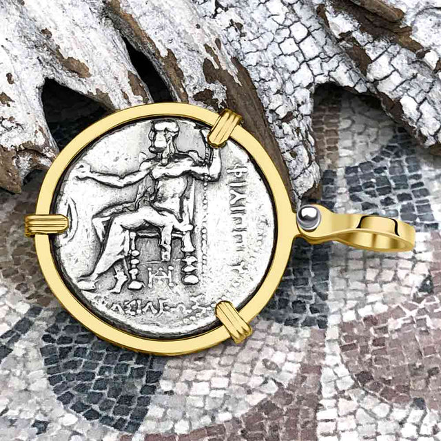 Ancient Greek Alexander the Great LARGE Silver Tetradrachm Coin 14K Gold Pendant