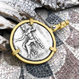 Ancient Greek Alexander the Great LARGE Silver Tetradrachm Coin 14K Gold Pendant