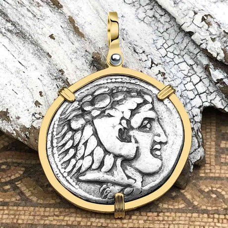 Ancient Greek Alexander the Great LARGE Silver Tetradrachm Coin 14K Gold Pendant