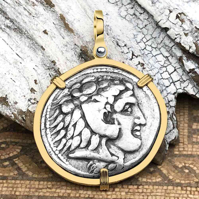 Ancient Greek Alexander the Great LARGE Silver Tetradrachm Coin 14K Gold Pendant