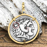 Ancient Greek Alexander the Great LARGE Silver Tetradrachm Coin 14K Gold Pendant