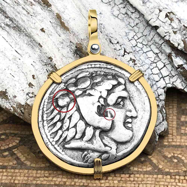 Ancient Greek Alexander the Great LARGE Silver Tetradrachm Coin 14K Gold Pendant