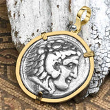 Ancient Greek Alexander the Great LARGE Silver Tetradrachm Coin 14K Gold Pendant