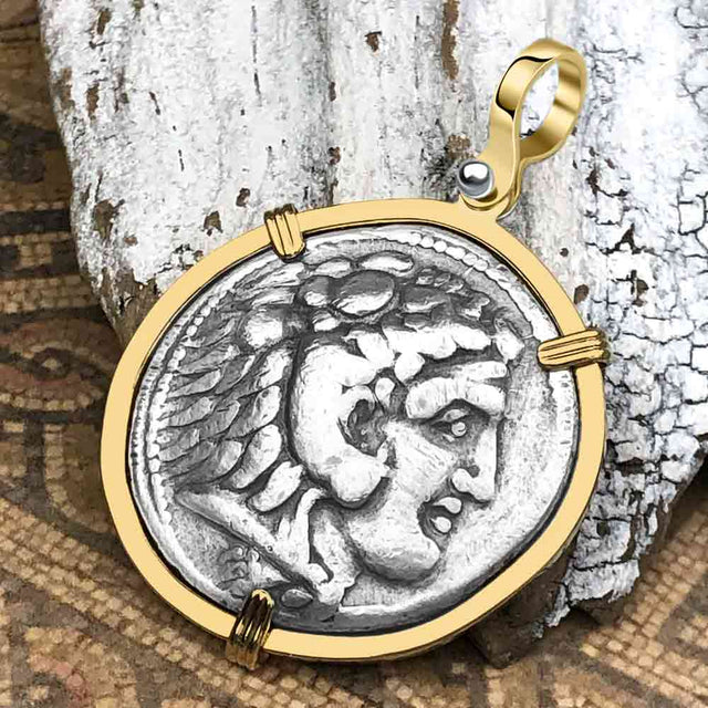 Ancient Greek Alexander the Great LARGE Silver Tetradrachm Coin 14K Gold Pendant