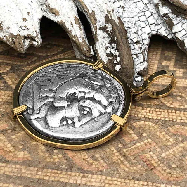 Ancient Greek Alexander the Great LARGE Silver Tetradrachm Coin 14K Gold Pendant