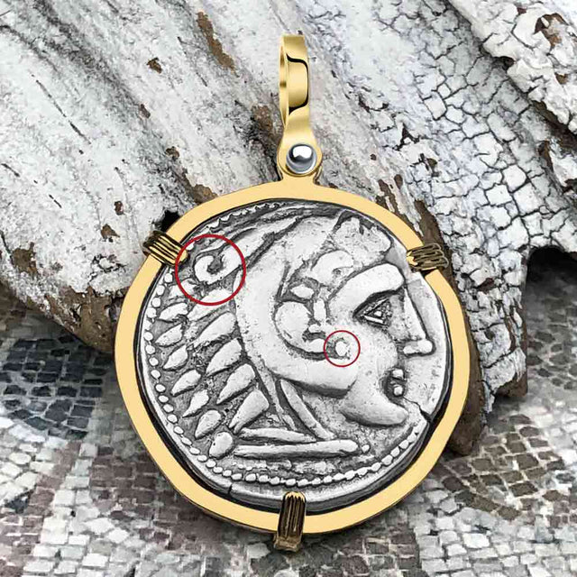 Ancient Greek Alexander the Great LARGE Silver Tetradrachm Coin 14K Gold Pendant