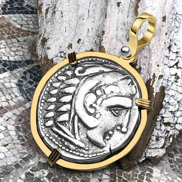 Ancient Greek Alexander the Great LARGE Silver Tetradrachm Coin 14K Gold Pendant