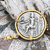 Ancient Greek Alexander the Great LARGE Silver Tetradrachm Coin 14K Gold Pendant