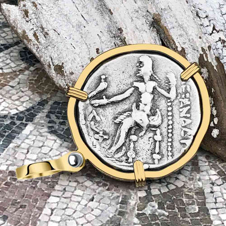 Ancient Greek Alexander the Great LARGE Silver Tetradrachm Coin 14K Gold Pendant