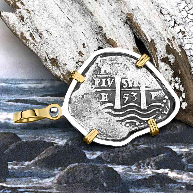 1653 Consolacion Shipwreck Pirate Era Spanish 2 Reale Piece of Eight 14K Gold & Sterling Silver Pendant