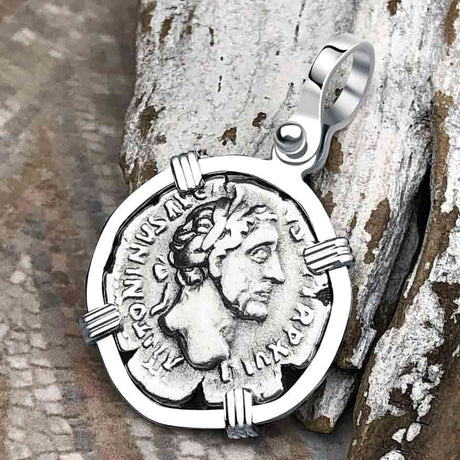 Roman Empire Silver Denarius Coin of Antoninus Pius, the Protector 154 AD Sterling Silver Pendant