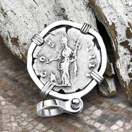 Roman Empire Silver Denarius Coin of Antoninus Pius, the Protector 154 AD Sterling Silver Pendant