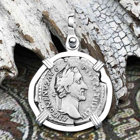 Roman Empire Silver Denarius Coin of Antoninus Pius, the Protector 148 AD Sterling Silver Pendant