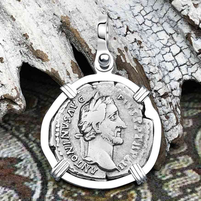 Roman Empire Silver Denarius Coin of Antoninus Pius, the Protector 148 AD Sterling Silver Pendant