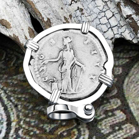Roman Empire Silver Denarius Coin of Antoninus Pius, the Protector 148 AD Sterling Silver Pendant