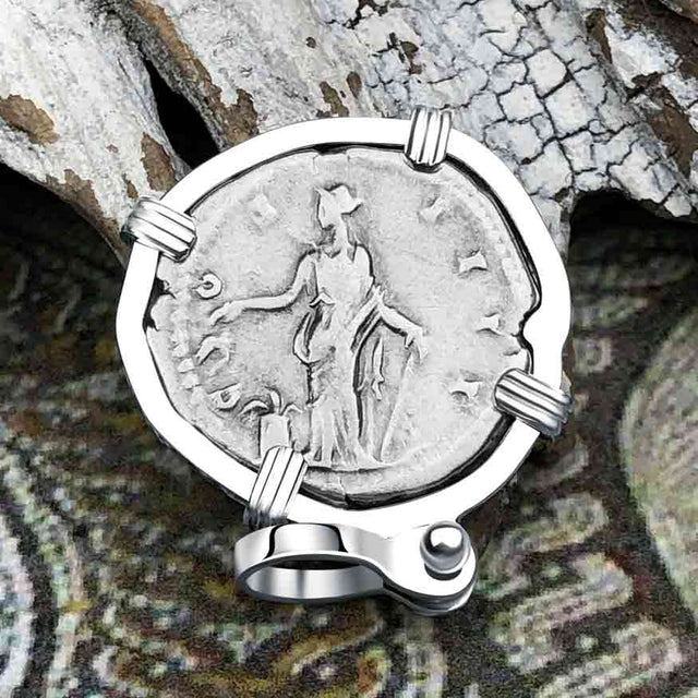 Roman Empire Silver Denarius Coin of Antoninus Pius, the Protector 148 AD Sterling Silver Pendant