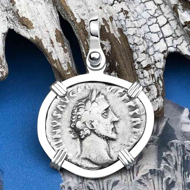 Roman Empire Silver Denarius Coin of Antoninus Pius, the Protector 152 AD Sterling Silver Pendant