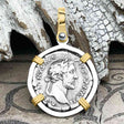 Roman Empire Silver Denarius Coin of Antoninus Pius, the Protector 155 AD 14K Gold and Sterling Silver Pendant