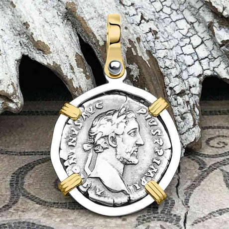 Roman Empire Silver Denarius Coin of Antoninus Pius, the Protector 155 AD 14K Gold and Sterling Silver Pendant
