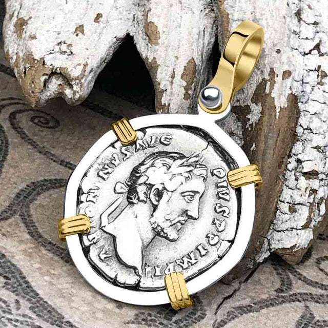 Roman Empire Silver Denarius Coin of Antoninus Pius, the Protector 155 AD 14K Gold and Sterling Silver Pendant