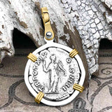 Roman Empire Silver Denarius Coin of Antoninus Pius, the Protector 155 AD 14K Gold and Sterling Silver Pendant