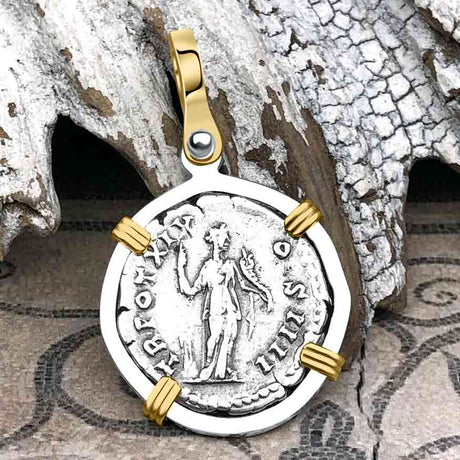 Roman Empire Silver Denarius Coin of Antoninus Pius, the Protector 155 AD 14K Gold and Sterling Silver Pendant