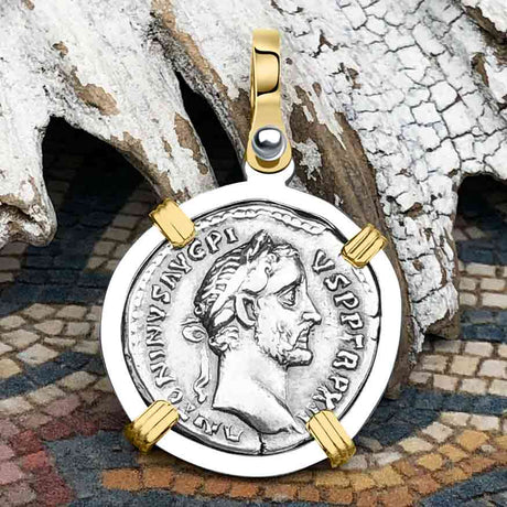 Roman Empire Silver Denarius Coin of Antoninus Pius, the Protector 140 AD 14K Gold and Sterling Silver Pendant