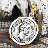 Roman Empire Silver Denarius Coin of Antoninus Pius, the Protector 140 AD 14K Gold and Sterling Silver Pendant