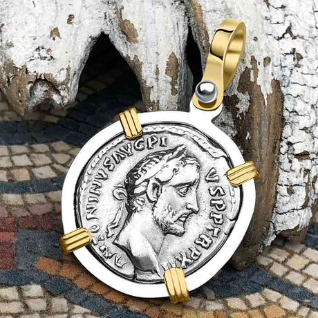 Roman Empire Silver Denarius Coin of Antoninus Pius, the Protector 140 AD 14K Gold and Sterling Silver Pendant