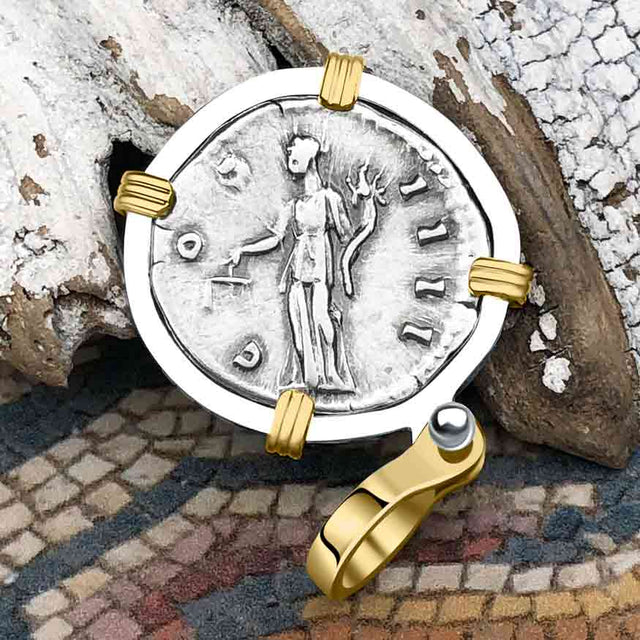 Roman Empire Silver Denarius Coin of Antoninus Pius, the Protector 140 AD 14K Gold and Sterling Silver Pendant