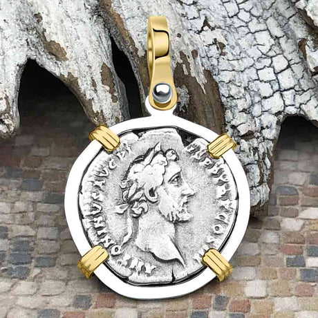 Roman Empire Silver Denarius Coin of Antoninus Pius, the Protector 140 AD 14K Gold and Sterling Silver Pendant