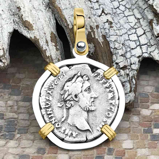 Roman Empire Silver Denarius Coin of Antoninus Pius, the Protector 140 AD 14K Gold and Sterling Silver Pendant