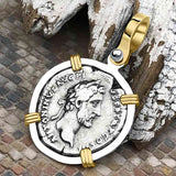 Roman Empire Silver Denarius Coin of Antoninus Pius, the Protector 140 AD 14K Gold and Sterling Silver Pendant