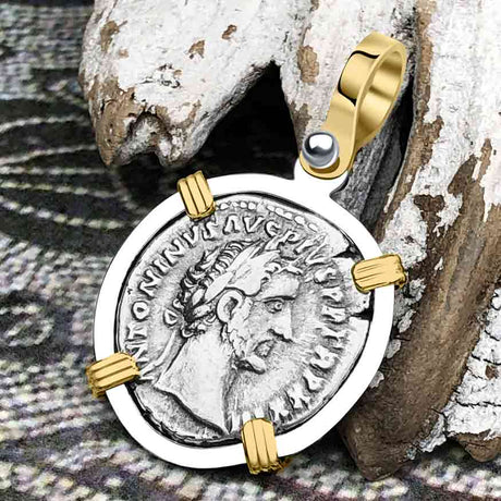 Roman Empire Silver Denarius Coin of Antoninus Pius, the Protector 159 AD 14K Gold and Sterling Silver Pendant