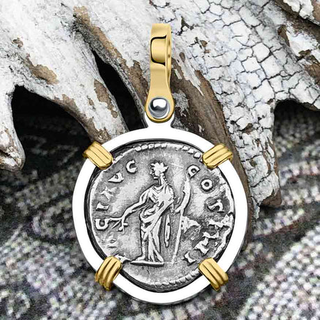 Roman Empire Silver Denarius Coin of Antoninus Pius, the Protector 159 AD 14K Gold and Sterling Silver Pendant